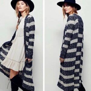 Free People Navy Blue Oatmeal Striped Free Spirit Open Front Duster Cardigan